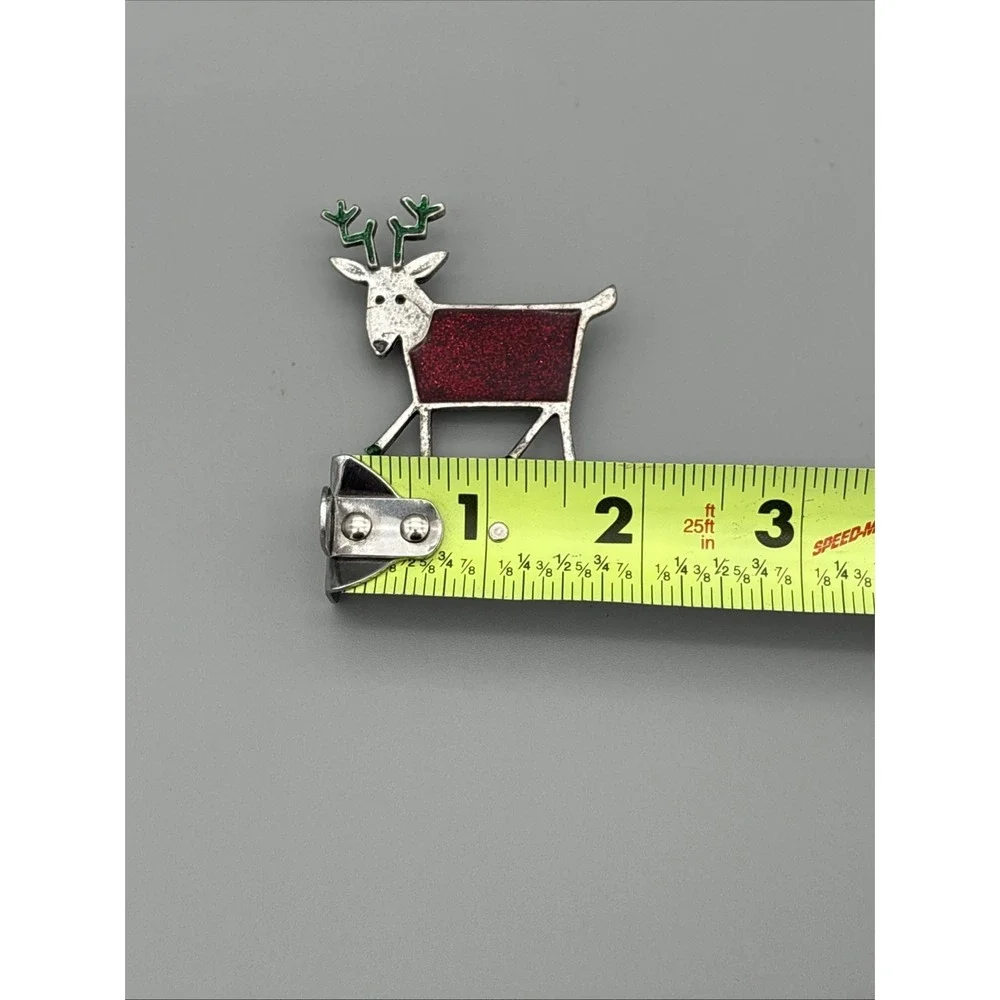 Pin Brooch Reindeer Silver Tone w Green Antlers & Red Body 2